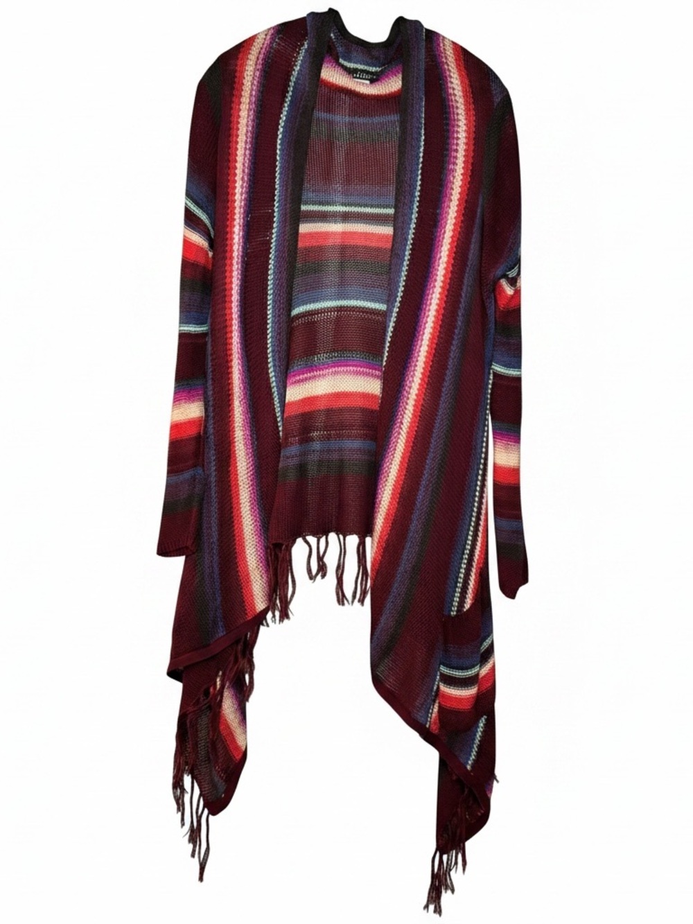 BILLABONG Long Sweater Women L Open Cardigan Serape Stripe Fringe Boho Festival